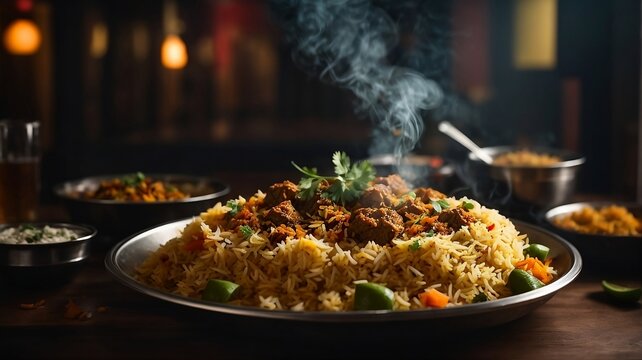 High Quality Photography Of Indian Biriyani On Restaurant Background. Indian Food Concept. 