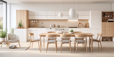 Scandinavian-style kitchen and dining area with minimalist white furniture and modern lighting.