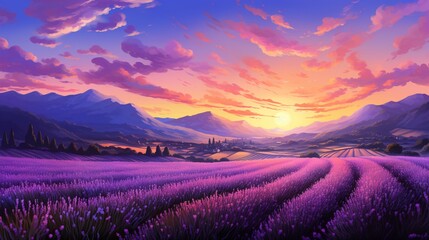 A twilight scene in a lavender field, with rows of purple flowers and a colorful sky after sunset. - Powered by Adobe