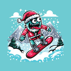 santa claus on snowboard. cute monster wearing a Santa Claus costume playing snowboarding in the snowy mountains
