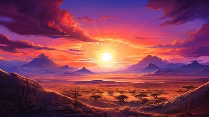 A vast desert landscape at sunset, with long shadows and vibrant orange and purple hues in the sky.