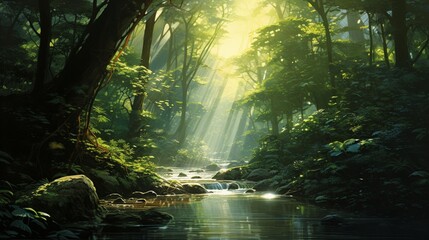 A dense, lush rainforest with a narrow stream winding through, sunlight filtering through the canopy.