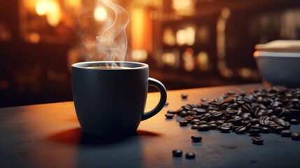 A cup of hot coffee with a roasted coffee beans on table.