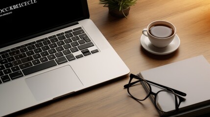 A laptop and glasses on office table. - obrazy, fototapety, plakaty