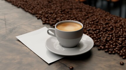  A cup of hot coffee with a roasted coffee beans on table.
