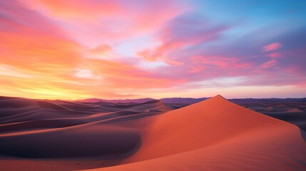 Fototapeta na wymiar An expansive view of sand dunes at dawn, with patterns in the sand and a colorful morning sky.