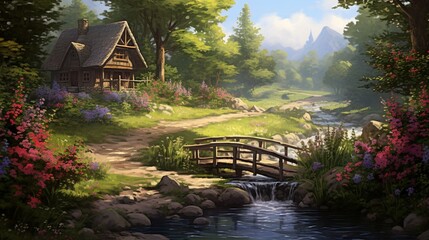 Fototapeta premium An idyllic rural landscape with a small stream, a wooden bridge, and wildflowers along the banks.