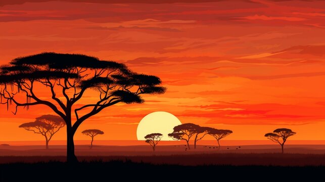An expansive savannah at sunrise, with acacia trees silhouetted against a vibrant orange sky.