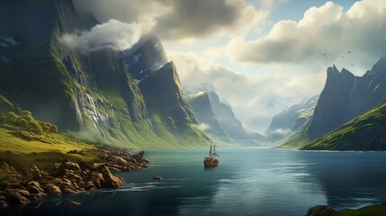 A majestic fjord with steep cliffs, a narrow inlet, and a small fishing boat in the distance.