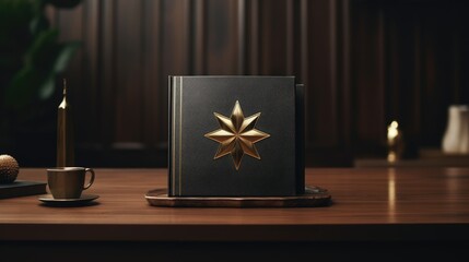 A black book with a gold star on the cover on a wooden table next to a candle. 