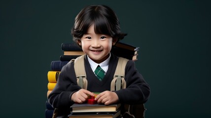 Cute little Asian kid from kindergarten in student uniform with school bag hugging books while smiling, blank blackboard background, one color background, copy space - generative ai