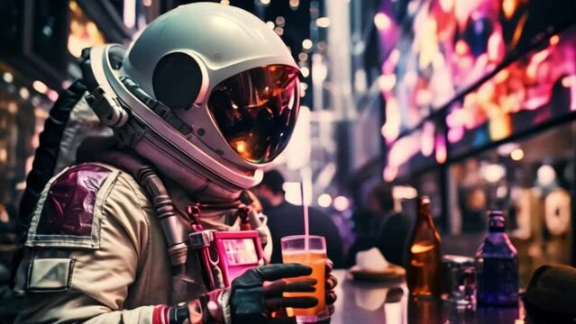 astronaut with drink, 4k footage, short video 