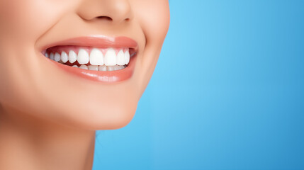 Closeup Of Beautiful Caucasian girl Smile With White Teeth on blue background,  Woman Mouth Smiling. dental concept with copy space