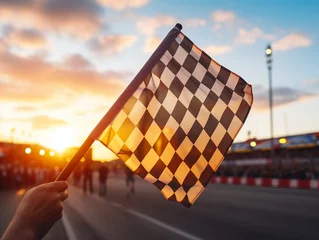 Fototapeten checkered flag on sunset background © 인혜 갈