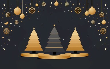 Christmas themed 3D background featuring various ornaments and a round white empty podium for showcasing products, Christmas background with cylindrical podium for promotions. glass balls hanging