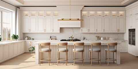 Neutral colors like white, cream, beige, and pastels are commonly used in classic kitchens to create a calming and welcoming ambiance.
