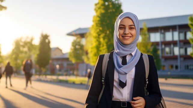 Fototapeta Portrait photo of a beautiful young Muslim female student in school uniform, one color background, copy space - generative ai
