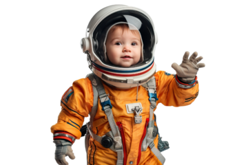 A little boy in astronaut suit on transparent background PNG. Children's dream career concept