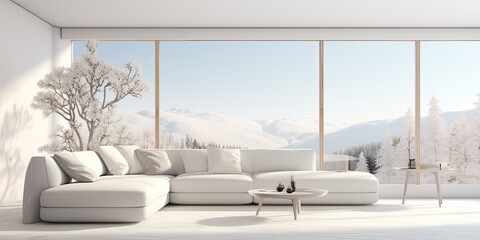  a modern, white interior with panoramic windows and corner sofa.