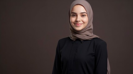 Portrait photo of a beautiful young Muslim female student in school uniform, one color background, copy space - generative ai