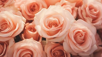 A close up of a bunch of pink and white roses. Monochrome peach fuzz background.
