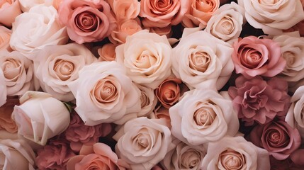 A close up of a bunch of pink and white roses. Monochrome peach fuzz background.
