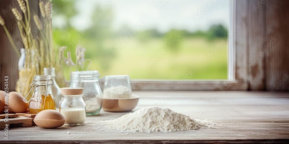 Wall mural ingredients for baking on rustic wooden table with blurred kitchen window backdrop.