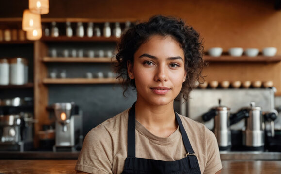 Young diverse latin American cafe worker in a modern, stylish cafe. Brown skin ethnicity cafe barista of top quality. HD high resolution image.