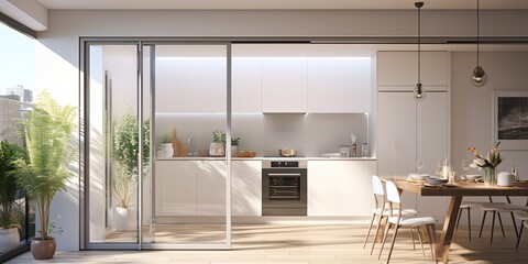 ed kitchen and dining area in apartment with frosted glass folding door and white aluminium partition. Background, sunlight, interior. - obrazy, fototapety, plakaty