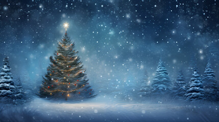 Christmas card background with beautiful Christmas tree and falling snow, illustration