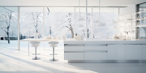 Minimalistic luxury snow white kitchen with island, bar stools, expansive floor-to-ceiling windows, and a glass dish rack. - obrazy, fototapety, plakaty