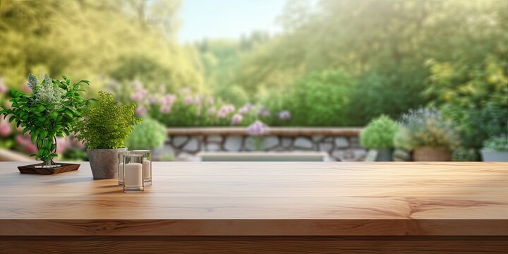 Montage product display or design key visual layout featuring wooden table counter against a blurred window view of a garden.