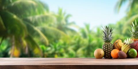 A tropical green background with an empty table top, focused on a wooden bar counter and blurred travel backdrop, creates an exotic summer panoramic banner with space for advertising product.