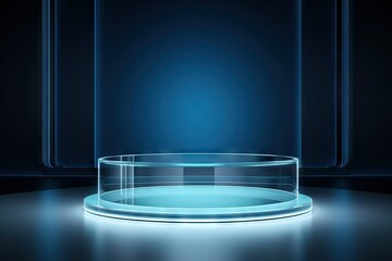 a cylinder pedestal podium glass display, empty room background 
