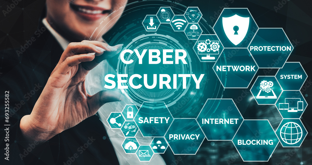 Poster cyber security and digital data protection concept. icon interface showing secure firewall technolog