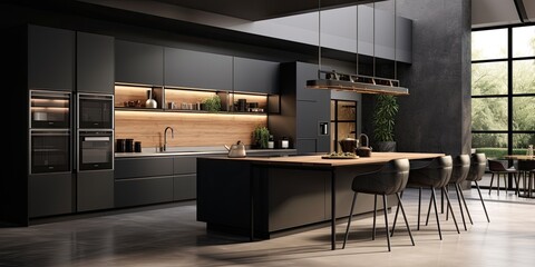 A sleek, contemporary kitchen in dark black showcases industrial and sophisticated allure.