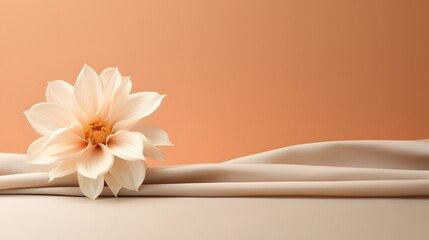 A single flower sitting on top of a white cloth. Monochrome peach fuzz background.