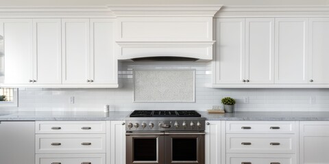 Fototapeta premium Luxurious new home with detailed white kitchen: complete with oven, range, stainless steel fridge, hood, cabinets, and countertop.