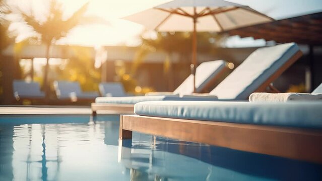 Closeup of a highend pool lounge, showcasing a sleek and minimalist design, perfect for lounging in style.