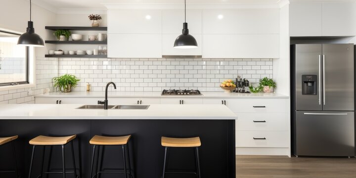 Contemporary kitchen with black and white design and subway tile splashback.