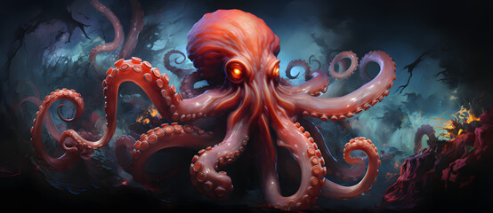 A giant octopus with glowing eyes dominates an underwater scene with its tentacles extending towards the viewer 1