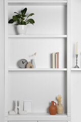 Shelving unit with houseplant and different decor indoors. Interior design