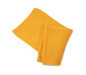 Beautiful yellow knitted blanket isolated on white, top view