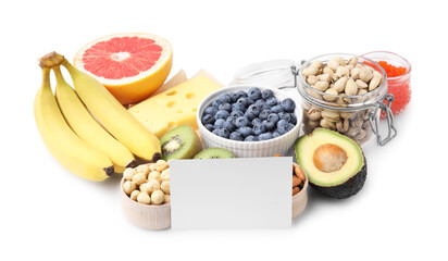 Many different products and card with word Serotonin isolated on white. Natural antidepressants