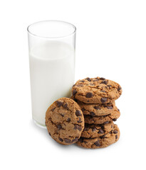 Delicious chocolate chip cookies and glass of milk isolated on white