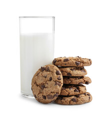 Delicious chocolate chip cookies and glass of milk isolated on white
