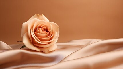 A single rose sitting on a satin surface. Monochrome peach fuzz background.