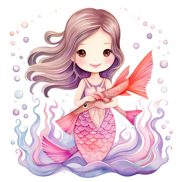Cute Mermaid Princess Watercolor Clipart Illustration