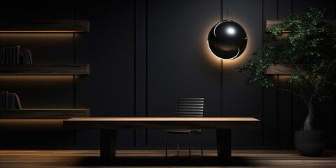 of a product display with copy space on a table in a dark office room at night.