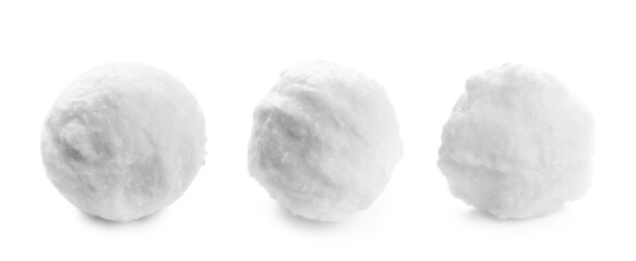 Balls of soft fluffy cotton isolated on white, set
